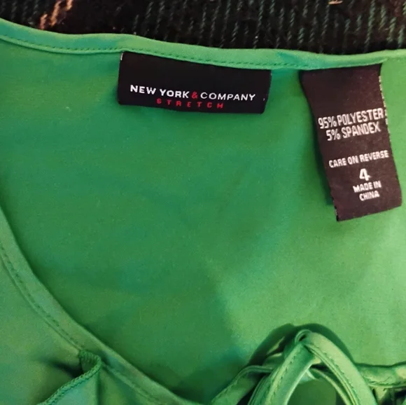 New York And Company Vibrant Green Ruffle, Sleeveless, Satin Blouse. - Picture 7 of 9